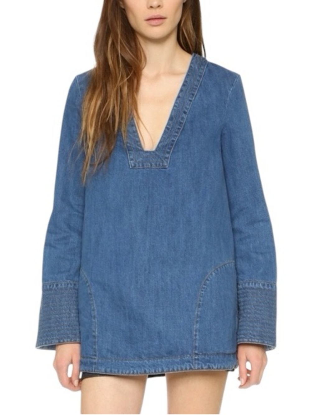 Free People Dreaming of Denim Cotton Jean Tunic Blouse Size XS Blue Boho Western